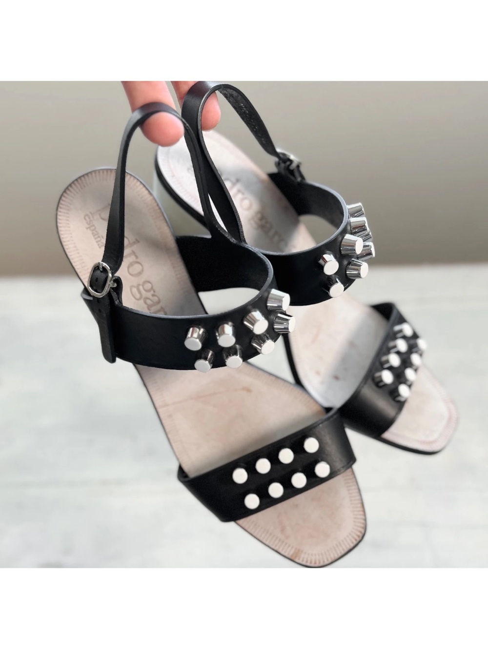 Pedro Garcia Studded Vachetta Leather & Suede EU38 Block Heel Black Silver $495